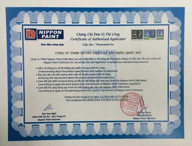 CHỨNG CHỈ ĐƠN VỊ THI CÔNG SƠN NIPPON.